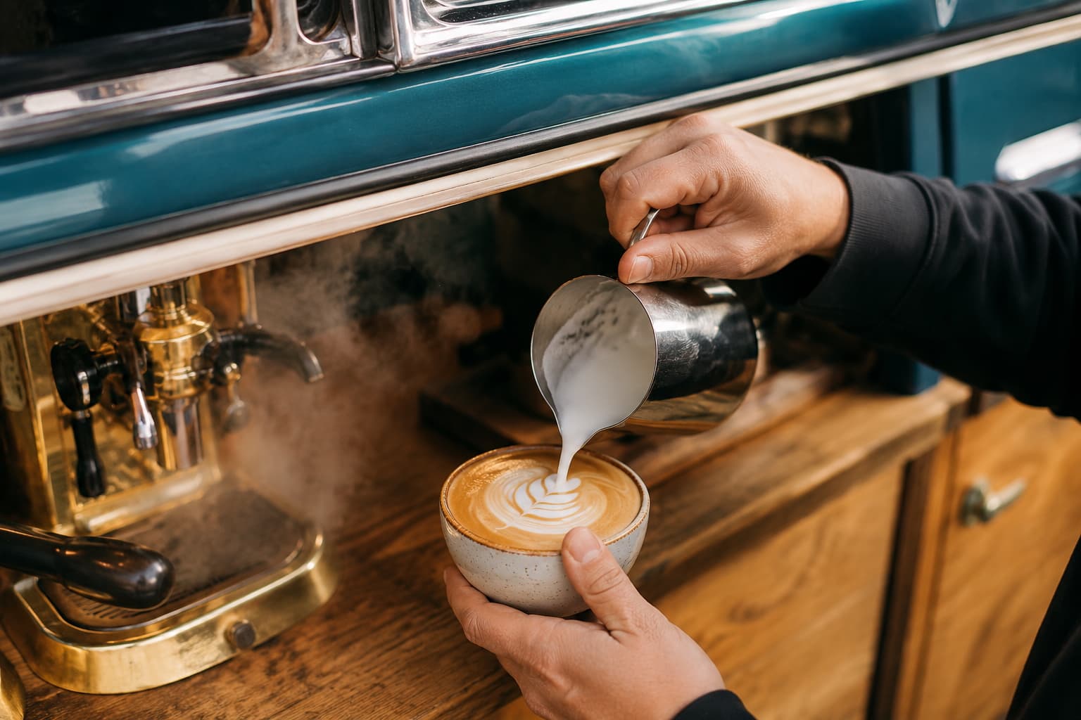 Barista dolieva mliečnu penu do šálky s latte art vo výdajnom okne mikrobusu